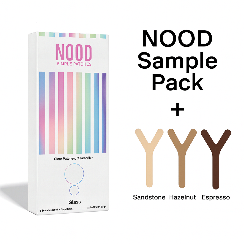NOOD sample pack with color swatches for 'Sandstone', 'Hazelnut', and 'Espresso'.